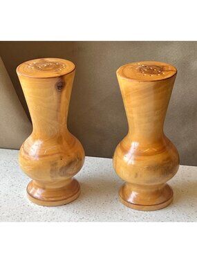 Signed Jim Spurlock Salt & Pepper Shakers Wood Handmade w/ Stoppers 4.75" T VTG